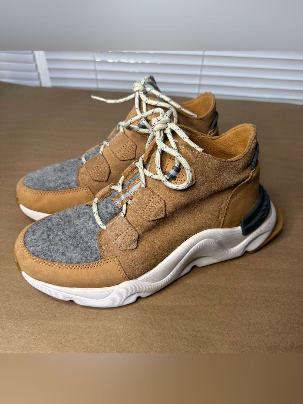 Sorel Tan Suede and Gray Wool Ankle Booties